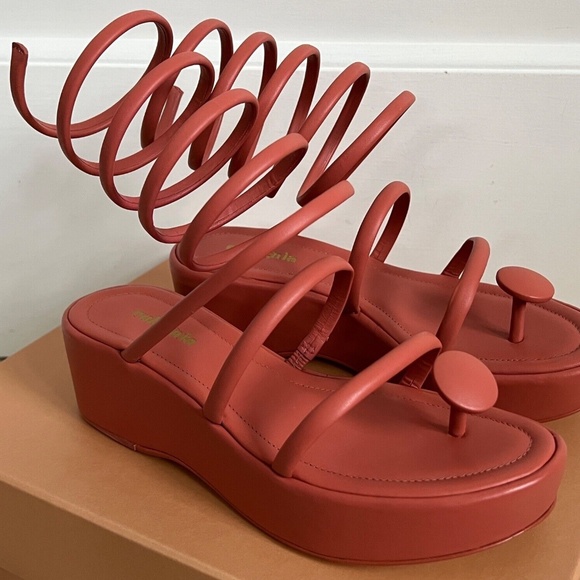 Cult Gaia Alba Jasper Leather Coil Wrap Strappy Platform Wedge Sandals Pumps - Picture 6 of 10